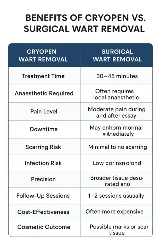 Table showing the benefits of cryopen to remove warts Greater Manchester compared to surgical treatment